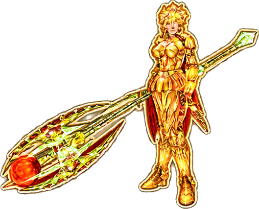 Guerreira celestial dourada com lança